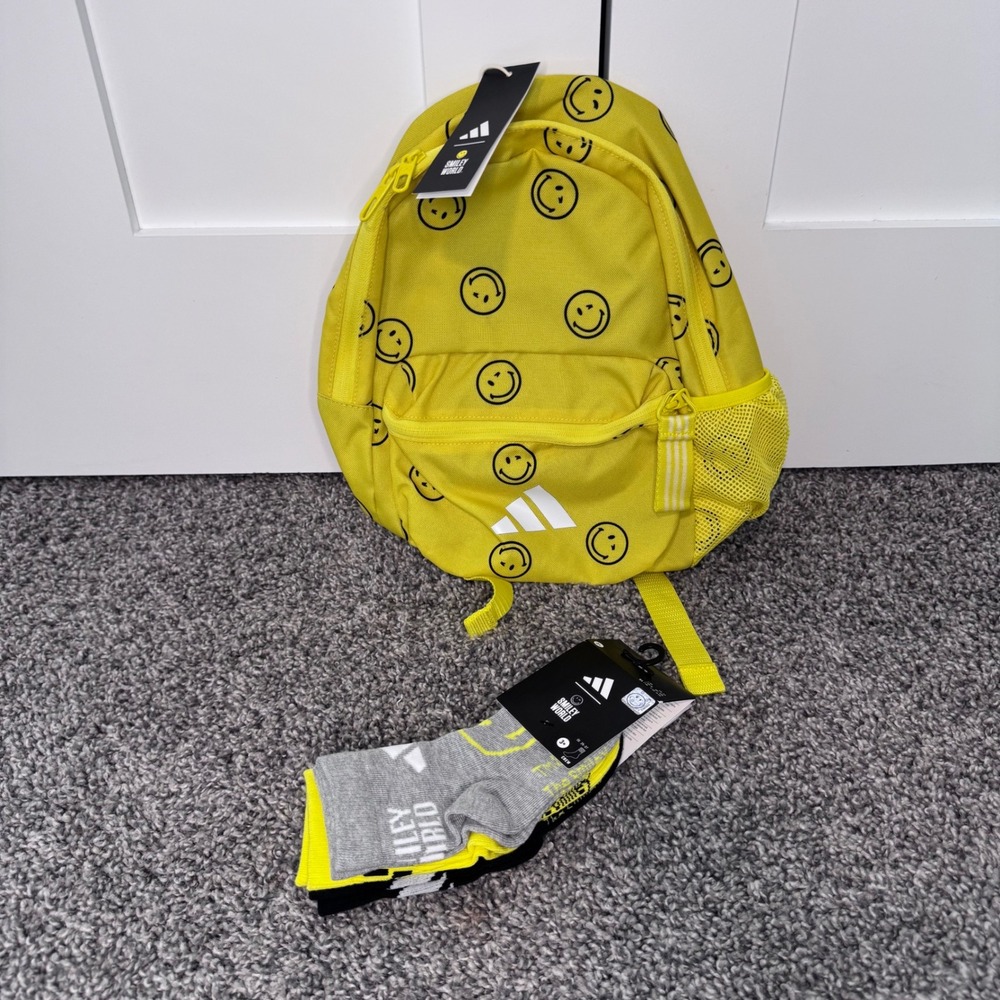 NWT‎ Adidas LK Smiley World Bundle Kids Backpack & Crew Socks Bright Yellow New